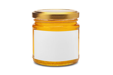 Glass jar full of sweet honey with white blank label isolated on black background. Product mock up.