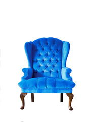 Isolated bright blue armchair. Vintage velvet blue chair on white background. Insulated furniture