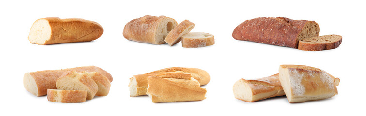 Set with freshly baked tasty baguettes on white background. Banner design