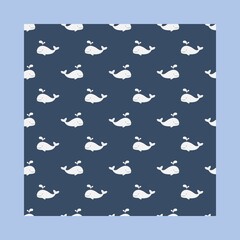 Fototapeta premium Seamless pattern with blue whales. Bright cartoon print. Art can be used for International Day of the Whales.