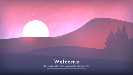 Evening or morning with full moon or sun and stars in dark blue sky with mountains and forest. Sunrise or sunset. Vector illustration background nature landscape in the countryside, flat style. 