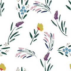 Fototapeta na wymiar Seamless pattern with wildflowers on watercolor paper background.