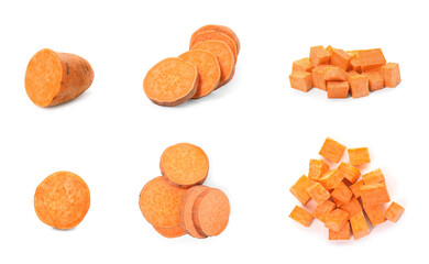 Set with cut ripe sweet potatoes on white background