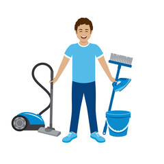 Happy young man doing housework icon vector. Cheerful man cleaner with household tools vector. Guy with vacuum cleaner and iron icon isolated on a white background
