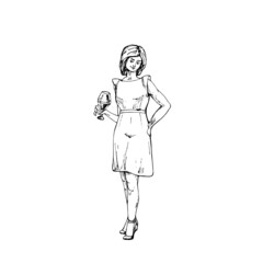 Modern womanholding glass wine. Vintage hatching illustration. Isolated on white