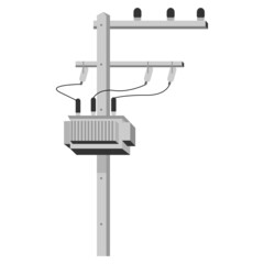 Cement high voltage electric pole power with transformer and drop fuse on white background flat vector design.