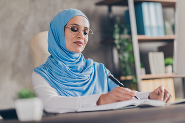 Profile side photo of young arab lady write pen task for week marketer remote work career...