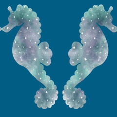 Celestial galaxy watercolour painted seahorses, vector, seamless repeating pattern design