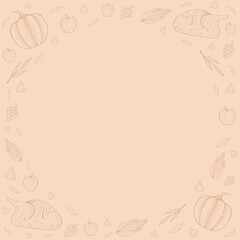 Autumn square background with pumpkin, turkey, garlic, spicy hand drawn ornament. Suitable for social media, Ig feed, ads.