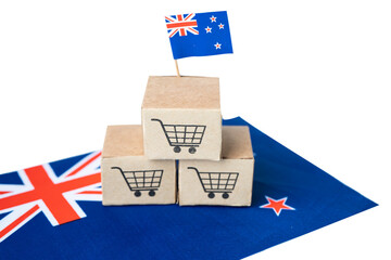 Shopping cart logo with New Zealand flag, Shopping online Import Export eCommerce finance business...