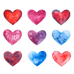 Hearts of bright colors painted in watercolor on a white background. Suitable for the design of invitations, Valentine's Day cards.