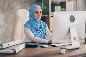 Profile side photo of young pretty arab woman browse chat computer project report agent economist...