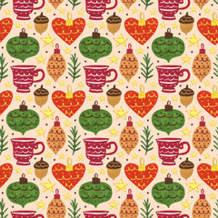 Winter holiday hand drawn seamless pattern, background. Merry Christmas and Happy New Year. Christmas tree decoration, arcon, herbs, cup. Wrapping paper, packaging design.