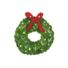 Сhristmas green wreath. Hand drawn watercolor element.