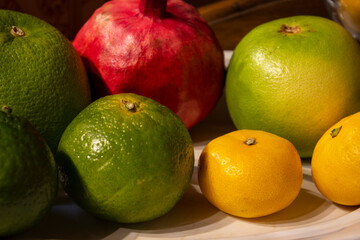 Citrus vitamin juice, healthy drink with fresh fruits, lime, grapefruit, orange