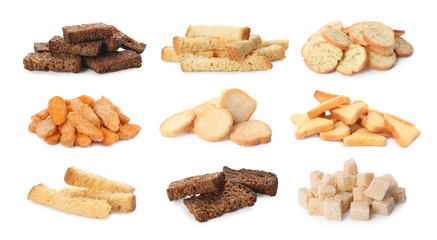 Set with different delicious crispy rusks on white background