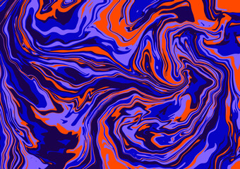 Fluid art texture. Abstract background with swirling paint effect. Liquid acrylic picture that flows and splashes. Mixed paints for interior poster. purple and orange overflowing colors