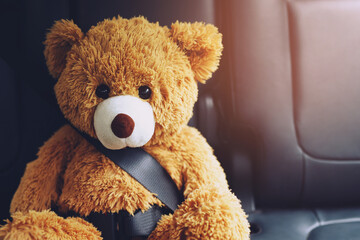 Brown teddy bear wearing car seat belt