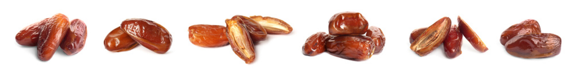 Set with tasty dried dates on white background. Banner design