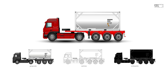 Insulated red truck. Semi-trailer truck with 20 ft tank container. - obrazy, fototapety, plakaty