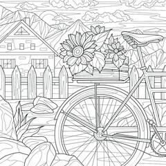 Bicycle with flowers on the trunk. House and mountains. Landscape.Coloring book antistress for children and adults. Illustration isolated on white background.Zen-tangle style. Hand draw
