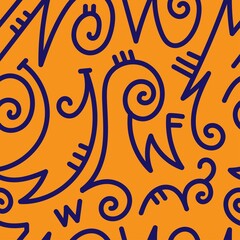 Obraz premium Seamless abstract pattern on orange background. Vector doodle image. Graphic linear wallpaper.