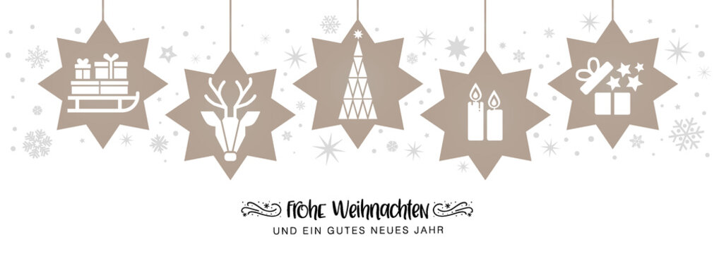 Banner Weihnachtsdekoration - frohe Weihnachten -  Sterne Rentier Schlitten Weihnachtsbaum Kerzen Geschenke - deutscher Text.