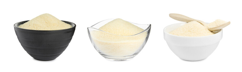 Gelatin powder in bowls on white background, collage. Banner design
