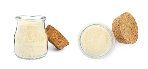 Gelatin powder in glass jars on white background, collage. Banner design