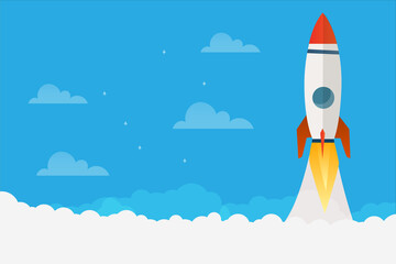 Rocket start up concept with clouds workspace vector design.