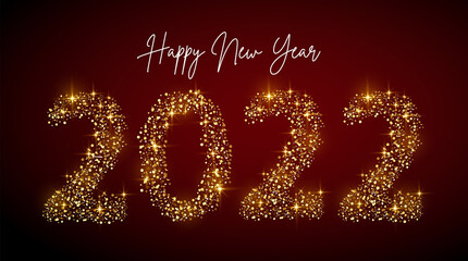 New Year 2022 Glittter numbers made of golden particles and sparkling shiny lights - Vector