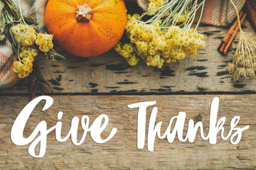 Give thanks text on pumpkin, autumn flowers, herbs, cozy blanket on rustic old wood flat lay. Happy thanksgiving Seasonal greeting card, handwritten sign. Thanksgiving greetings