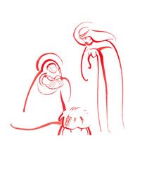 Nativity scene Jesus Christ in the manger, Mary the Mother of God, Joseph. Watercolor minimalistic christmas christian art, illustration © Svitlana Vorotniak