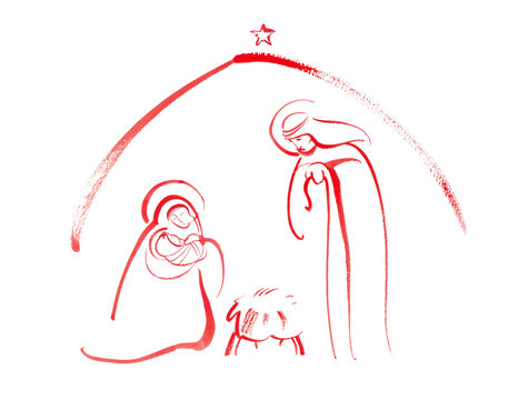 Minimalistic watercolor hand-painted nativity scene: baby Jesus Christ, manger, Joseph and Mary in a nativity scene with the star of Bethlehem. Christian Christmas, greeting card, church Christmas