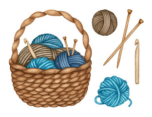 Watercolor Knitting and Crochet tools in wicker basket. Wooden Knitting needle, Balls of Wool, Skein, Crochet hook. Hand drawn clip art set, elements isolated for Knitter, Needlework store, Yarn shop