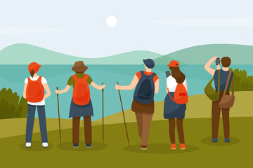 Vector illustration of hiking group of people. Tourists came for a walk in nature. Landscape with mountain ans water. Vector flat illustration.