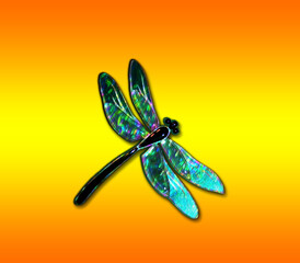 Beautiful glass dragonfly with effect of holography on a bright orange background