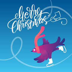 Bright square Xmas banner with funny pigeons. Handwritten lettering Merry Christmas. Funny characters doves in skates. Pigeons are skating on the ice rink. Holiday vector illustration.