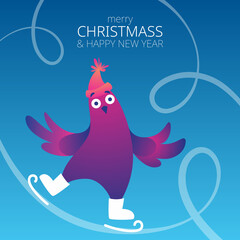 Bright square Xmas banner with funny pigeons. Text 