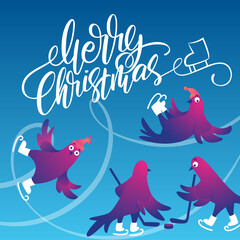 Bright square Xmas banner with funny pigeons. Handwritten lettering Merry Christmas. Funny characters doves in skates. Pigeons are skating on the ice rink. Holiday vector illustration.