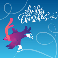 Bright square Xmas banner with funny pigeons. Handwritten lettering Merry Christmas. Funny characters doves in skates. Pigeons are skating on the ice rink. Holiday vector illustration.
