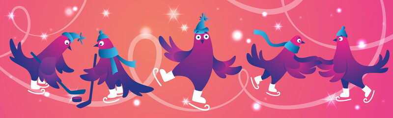Bright Xmas web banner with funny pigeons. Christmas Festive banner. Funny characters doves in skates. Pigeons are skating on the ice rink. Holiday vector illustration.