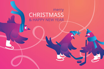 Bright Xmas horizontal web banner with funny pigeons. Text "Merry Christmas". Funny characters doves in skates. Pigeons are skating on the ice rink. Holiday vector illustration.