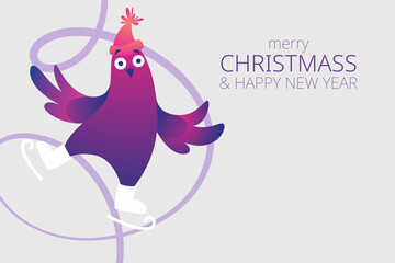 Bright Xmas horizontal web banner with funny pigeons. Text "Merry Christmas". Funny characters doves in skates. Pigeons are skating on the ice rink. Holiday vector illustration.