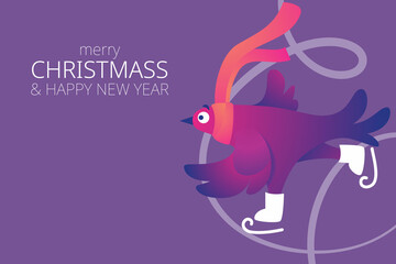 Bright Xmas horizontal web banner with funny pigeons. Text "Merry Christmas". Funny characters doves in skates. Pigeons are skating on the ice rink. Holiday vector illustration.