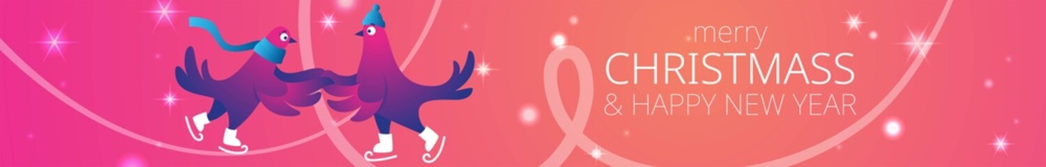 Bright Xmas horizontal web banner with funny pigeons. Text 