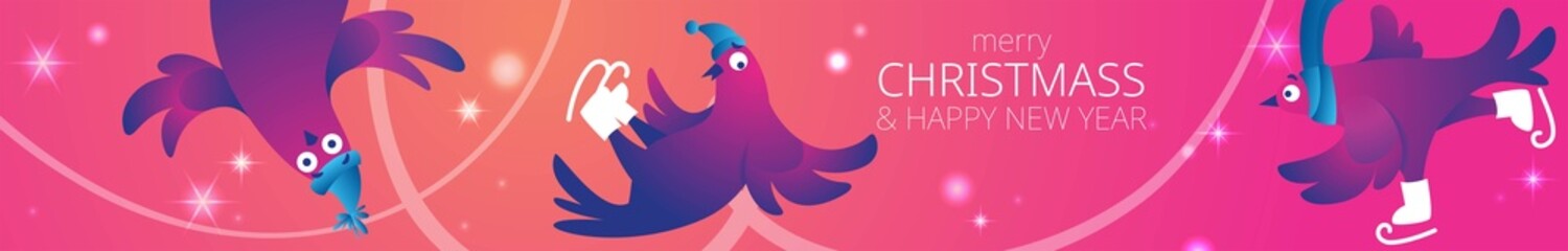 Bright Xmas horizontal web banner with funny pigeons. Text 