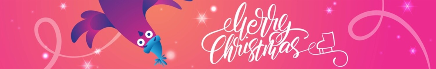 Bright Xmas web banner with funny pigeons. Handwritten lettering Merry Christmas. Funny characters doves in skates. Pigeons are skating on the ice rink. Holiday vector illustration.