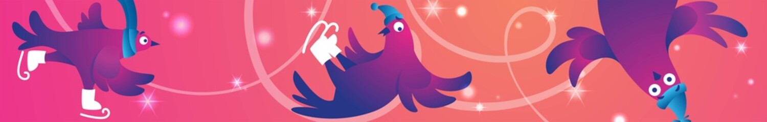 Bright Xmas web banner with funny pigeons. Christmas Festive banner. Funny characters doves in skates. Pigeons are skating on the ice rink. Holiday vector illustration.