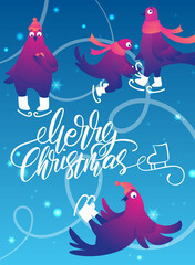 Bright Xmas poster with funny pigeons. Handwritten lettering Merry Christmas. Funny characters doves in skates. Pigeons are skating on the ice rink. Holiday vector illustration.